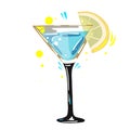 gin and tonic cocktail with lemon, vector clipart, hand drawn food illustration