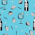 Gin Tonic Cocktail seamless pattern. Glass with bottle, lime, ice cubes and rosemary leaves