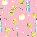 Gin Tonic Cocktail seamless pattern. Glass with bottle, lime, ice cubes and rosemary leaves