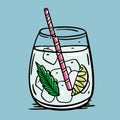 Gin and tonic cocktail. Summer drink. Cartoon flat vector illustration. Isolated on blue background.