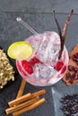 Gin tonic cocktail with vanilla raspberry lima slice and ice