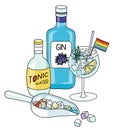 Gin and tonic cocktails, bottles, ice scoop and snacks composition in rainbow LGBT colors. For gay bar diversity pride Royalty Free Stock Photo