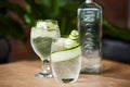 Gin and tonic with cucumber on ice in glass