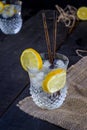 Gin and tonic glass with lemon wedge on black table Royalty Free Stock Photo