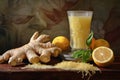 Ginger background healthy organic turmeric natural food drink lemon glass yellow health liquid root Royalty Free Stock Photo