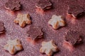 Ginger baked Christmas biscuits in a decorative copper sparkly background.