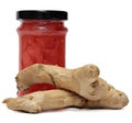 Ginger. The Bank's pickled ginger and ginger root on a white background. Royalty Free Stock Photo