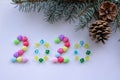 Ginger biscuits of the form of numbers and 2020 new year ginger cookies on grey background. Top view. Seasonal packaging Royalty Free Stock Photo