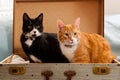 Ginger black white cat lying suitcase Royalty Free Stock Photo