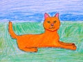 Ginger cat. Child pencil hand drawing Royalty Free Stock Photo