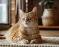 ginger cat with closed eyes, A serene ginger cat with closed eyes enjoying a warm sunbath on a cozy woven rug at home. Royalty Free Stock Photo