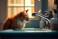 Ginger cat drinks water from the kitchen faucet. The benefits of water. Pet health.
