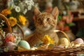 Ginger cat in an Easter basket with pastel eggs and blooms. Royalty Free Stock Photo