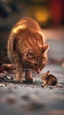 Ginger cat encountering a small mouse on a cobblestone path Royalty Free Stock Photo