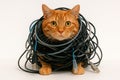 The ginger cat is entangled in cables and wires. Royalty Free Stock Photo
