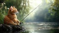 Ginger cat fishing by tranquil river in sunlit forest scene Royalty Free Stock Photo