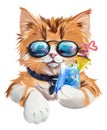 Ginger cat in glasses drinks a Blue Lagoon cocktail Royalty Free Stock Photo