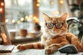 Ginger cat with glasses poses at a desk, exuding a scholarly air amidst a warm, bokeh light background