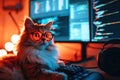 Ginger cat with glasses poses at a desk, exuding a scholarly air amidst a warm, bokeh light background