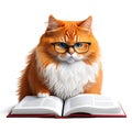 Ginger cat with glasses reading a book, Strict teacher, back to school.isolated on white background, Generative AI