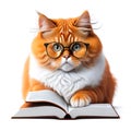 Ginger cat with glasses reading a book, Strict teacher, back to school.isolated on white background, Generative AI