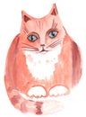 A ginger cat with green eyes lies with its tail turned around. Watercolor drawing