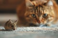 Ginger cat hunting to mouse inside house. Funny domestic predator playing on floor at home, portrait of young happy pet. Concept Royalty Free Stock Photo