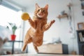 Ginger cat jumping around playing with a cat toy at home. Generative AI