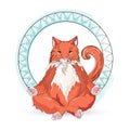 Ginger cat meditating in lotus yoga pose with blue ring around