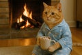 A ginger cat in pajamas with a mug of cocoa by the fireplace. Royalty Free Stock Photo