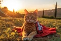 Ginger cat picnicing in sunset. Generative AI Royalty Free Stock Photo
