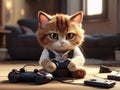 ginger cat playing video games with a joystick and a gamepad