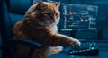 Ginger cat programmer coding on computer. Funny pet hacker typing on keyboard in dark tech office. Royalty Free Stock Photo
