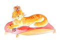 Ginger cat with royal regalia lies on a pillow, watercolor sketch