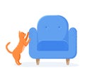 Ginger cat scratching chair. Nasty kitten destroying home furniture with claws. Bad behaved pet tearing sofa. Flat style