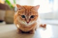 Ginger cat sitting on floor in living room and looking at camera Royalty Free Stock Photo