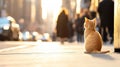 A ginger cat sitting on the sidewalk, watching people in a vibrant city during sunset, creating a peaceful urban moment