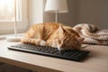 Ginger cat sleeping on a computer keyboard on a desk Royalty Free Stock Photo