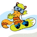 Ginger Cat on Snowboard. Snowboarder. Vector illustration Royalty Free Stock Photo