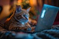 Ginger cat using laptop computer on bed at night Royalty Free Stock Photo