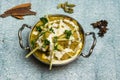 Ginger Chicken korma masala served in a karahi isolated on grey background top view of bangladesh food Royalty Free Stock Photo