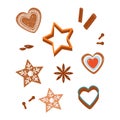 Ginger cookies and cinnamon, star anise, cloves on isolated background