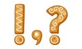 Ginger cookies punctuation marks. Exclamation, question mark and comma covered by icing sugar cartoon vector Royalty Free Stock Photo