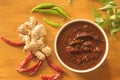 Ginger curry is a dark brown sweet-sour and spicy Keralite curry made of ginger, tamarind, green chillies and jaggery