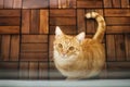 Ginger cute cat behind closed glass door on wooden floor Royalty Free Stock Photo