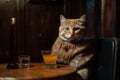 Ginger cute kitten in chunky knit hat in pub. Generative AI