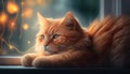 Ginger dreamy kitty lying on the windowsill by the windows, generative ai Royalty Free Stock Photo