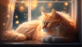 Ginger dreamy kitty lying on the windowsill by the windows, generative ai Royalty Free Stock Photo