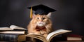 Ginger fluffy cat in graduate hat and bow tie reading a book on dark background Royalty Free Stock Photo