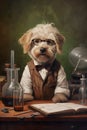ai generated fluffy dog in uniform teacher or scientist researcher in chemical laboratory Funny education and study concept Royalty Free Stock Photo